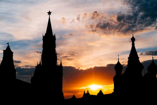 Gorgeous sunset on Moscow historical center Red Square and Kremlin tower silhouette