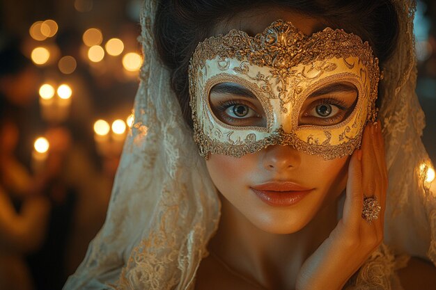 Photo a gorgeous venetian lady elegantly dressed and adorned with a beautifully intricate carnival mask