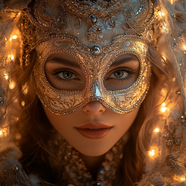 Photo a gorgeous venetian lady elegantly dressed and adorned with a beautifully intricate carnival mask