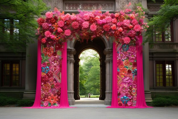 Photo gorgeous wedding ceremony gate with floral and fabric details