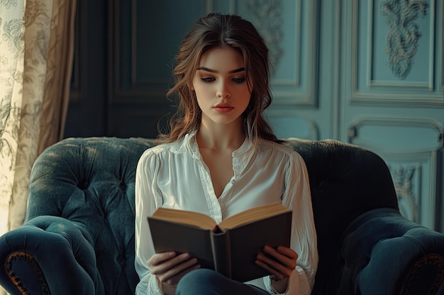 Photo gorgeous woman reading book