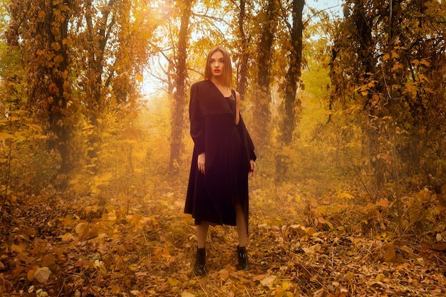 Gorgeous young blonde girl in black coat looking away in golden autumn forest