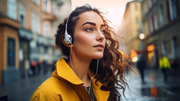 Gorgeous young cheerful woman walking down a city street while listening to music with wireless earphones Generative AI