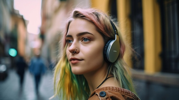 Gorgeous young cheerful woman walking down a city street while listening to music with wireless earphones Generative AI