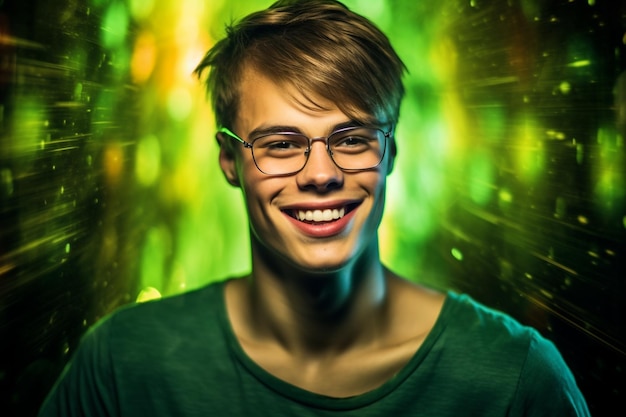 Photo gorgeous young man in glasses smiling in a green tshirt