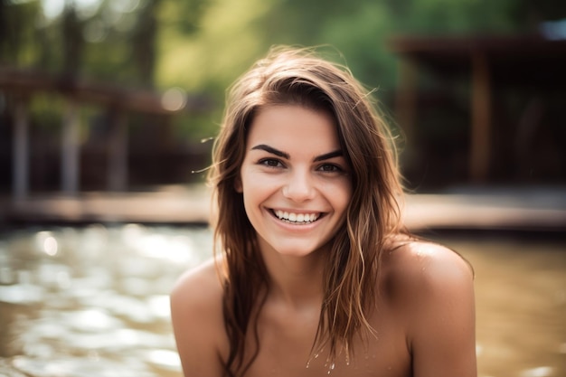 A gorgeous young woman smiling at you while wearing a bikini created with generative ai