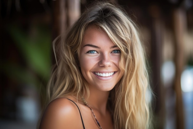 A gorgeous young woman smiling at you while wearing a bikini