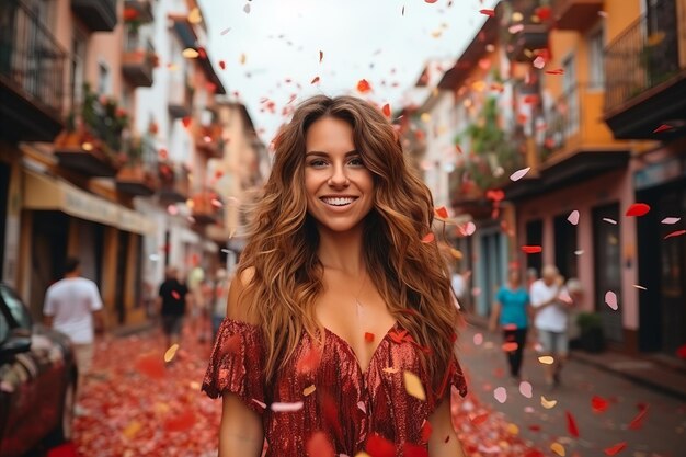 Gorgeous Young Woman on Vibrant Festive City Street Dazzling in Beautiful Colors