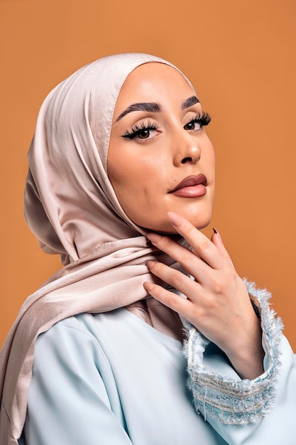 Gorgeus muslim woman looking at camera posing in studio. She's serious.