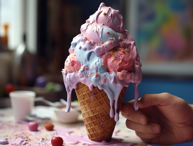 Photo gorgious top view scoops of ice cream with orange and strawberry and orange