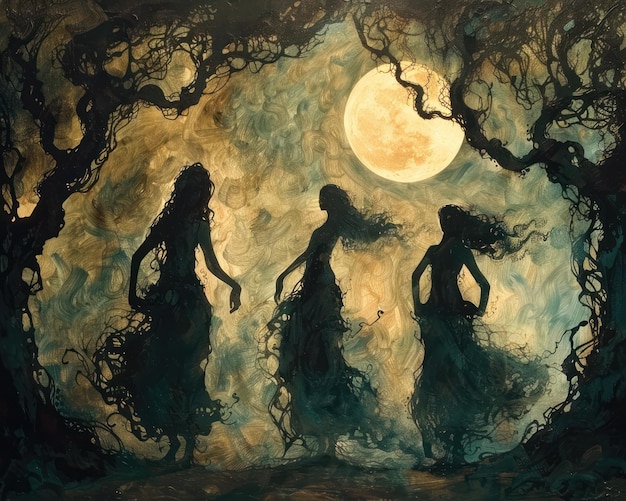 Gorgon sisters silhouette full moon petrified figures in a haunting grove