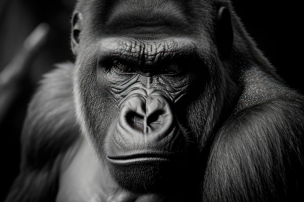 gorilla in beautiful close-up on face in black and white