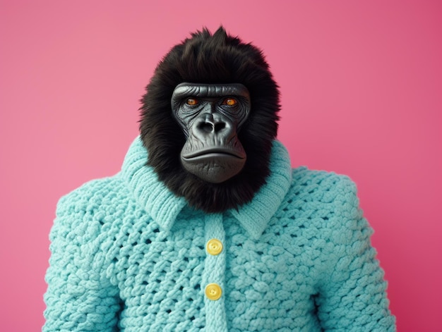 Photo gorilla in blue sweater on pink background