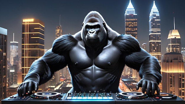 Gorilla DJ performing in a cyberpunk cityscape DJ turn table console Disco edm party night club