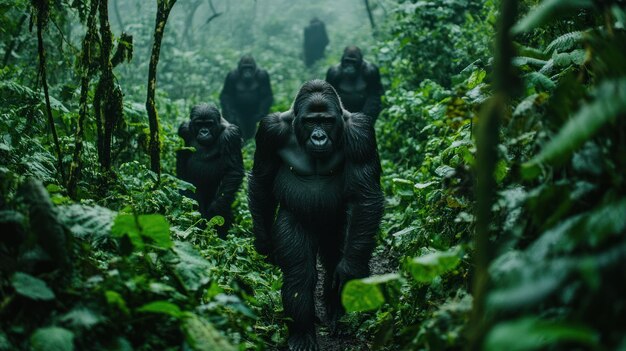 Photo gorilla family walking through dense jungle