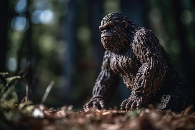 A gorilla figurine stands in the woods.