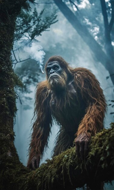 a gorilla in a forest with a tree in the background