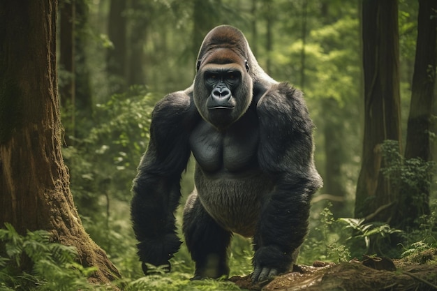 Photo a gorilla in a forest with trees in the background