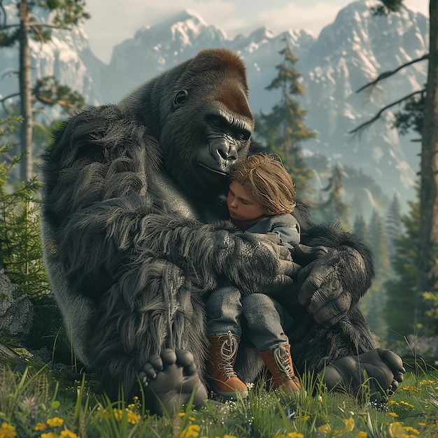 a gorilla is hugging a child in front of a mountain