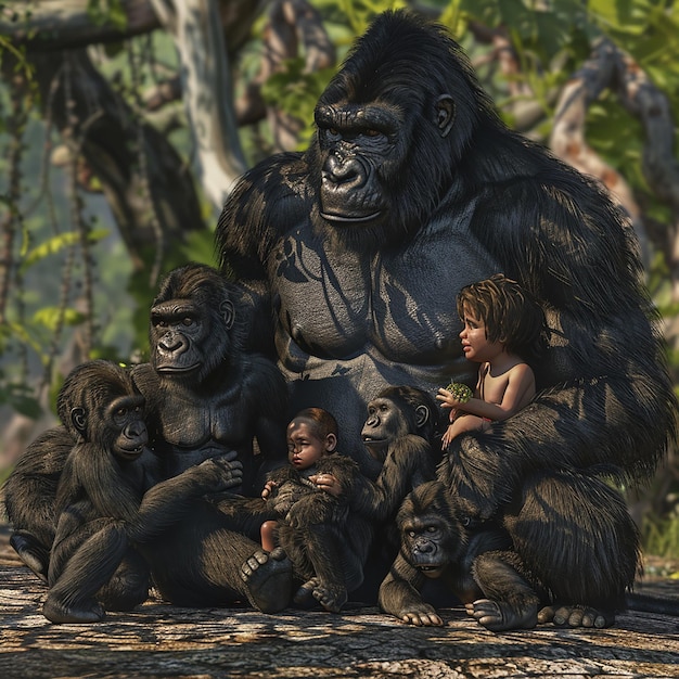 a gorilla is sitting next to a group of gorillas