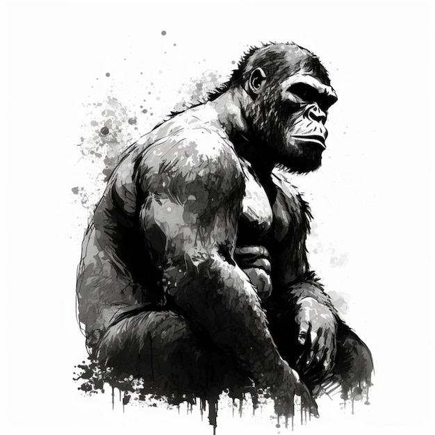 A gorilla is sitting on a white background with a black outline.