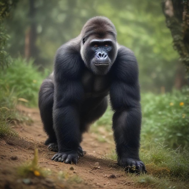 a gorilla is standing on a path in the woods