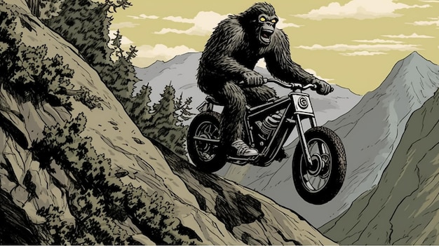 A gorilla jumps a mountain bike on a mountain.