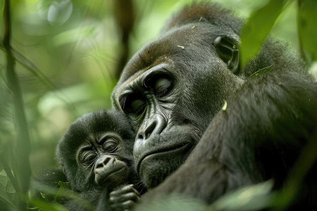 A gorilla mother gazes lovingly at her infant