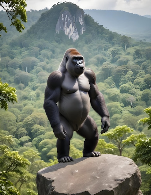 Photo a gorilla on a rock with trees in the background