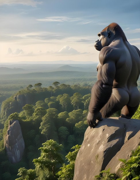 Photo a gorilla on a rock with trees in the background