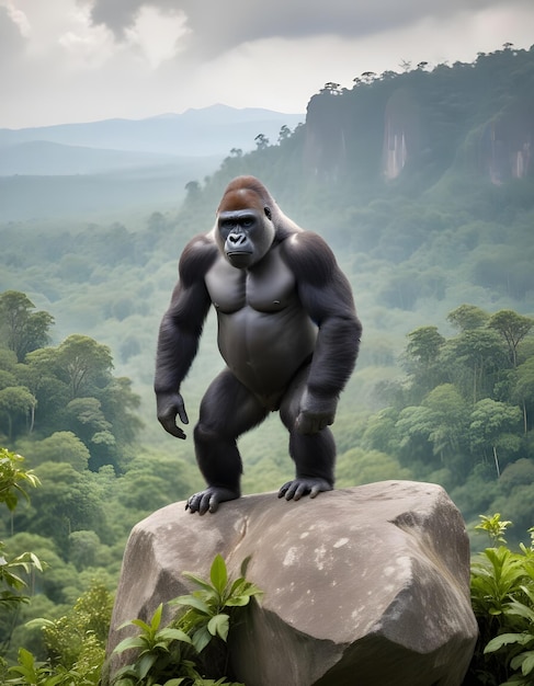 Photo a gorilla on a rock with trees in the background