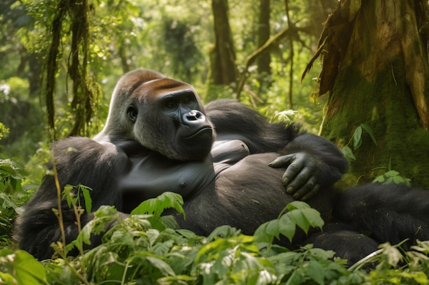 A gorilla sits in the jungle with a green background.