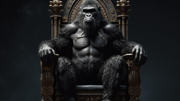 A gorilla sits on a throne in a dark room.