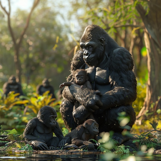 a gorilla sits in the water with two other gorillas