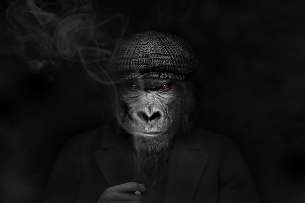 A gorilla smokes a cigarette in a dark room.