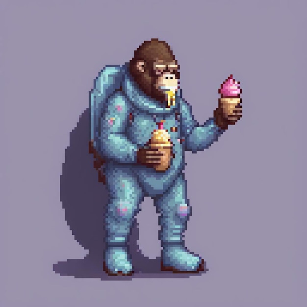 Gorilla in space suit enjoys ice cream in pixel art