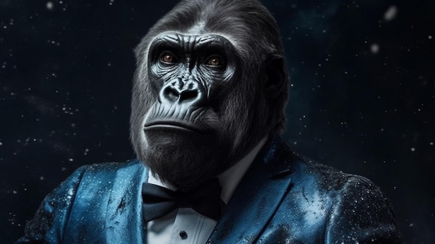 Gorilla in a suit and bow tie on a dark backgroundgenerative ai