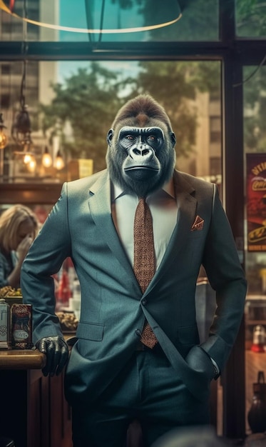 A gorilla in a suit stands in front of a bar with a sign that says'gorillas '