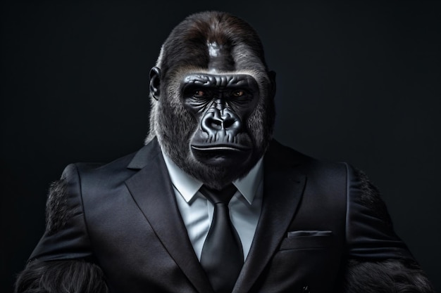 a gorilla in a suit and tie with a serious look