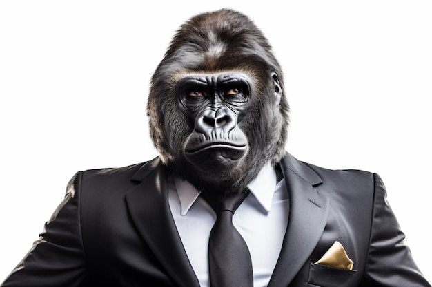 a gorilla in a suit and tie with a serious look