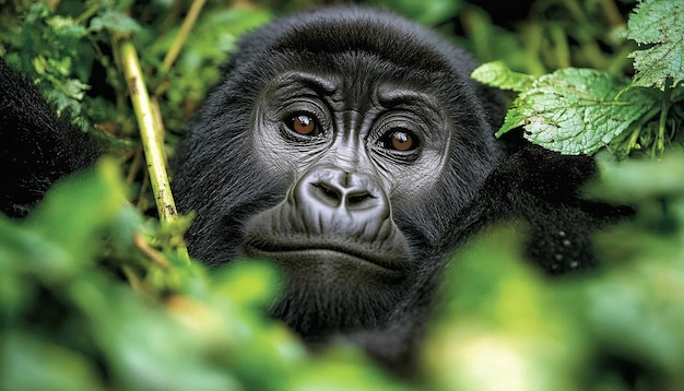 a gorilla that is looking at something in the woods