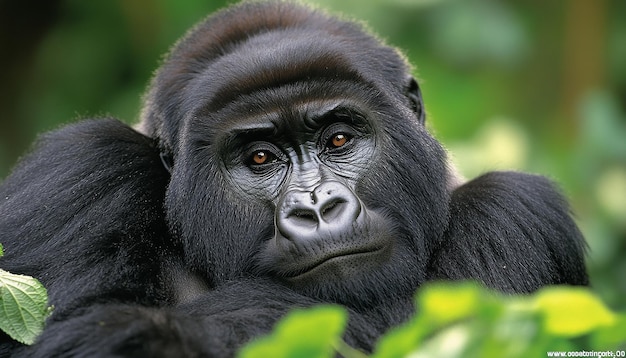 a gorilla that is smiling in the forest