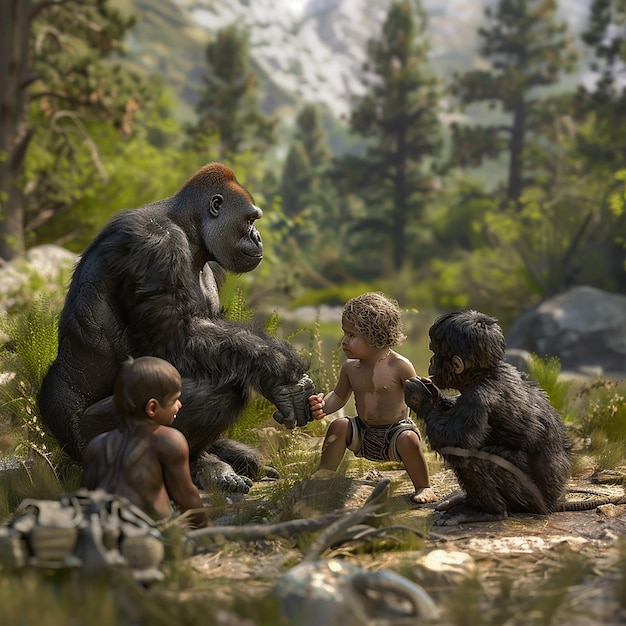 Photo a gorilla and two children are playing in the woods