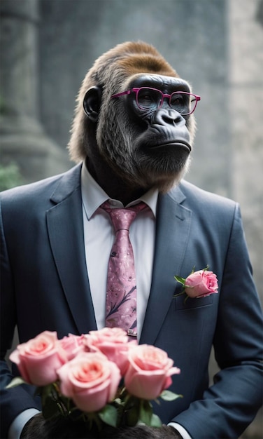 a gorilla wearing glasses and a suit with a suit and tie