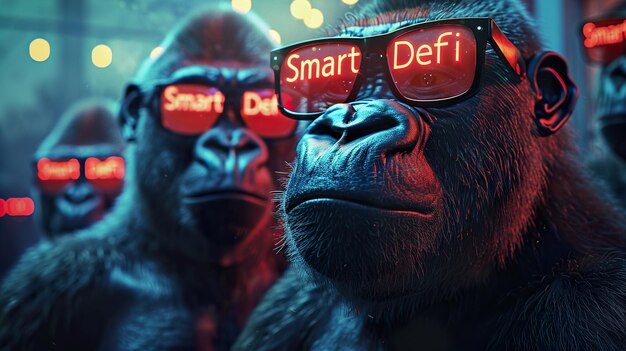 Photo a gorilla wearing glasses with a red light reading smart in them