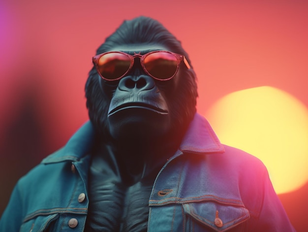 A gorilla wearing sunglasses stands in front of a sunset.