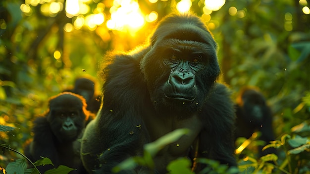 a gorilla with a baby on his back