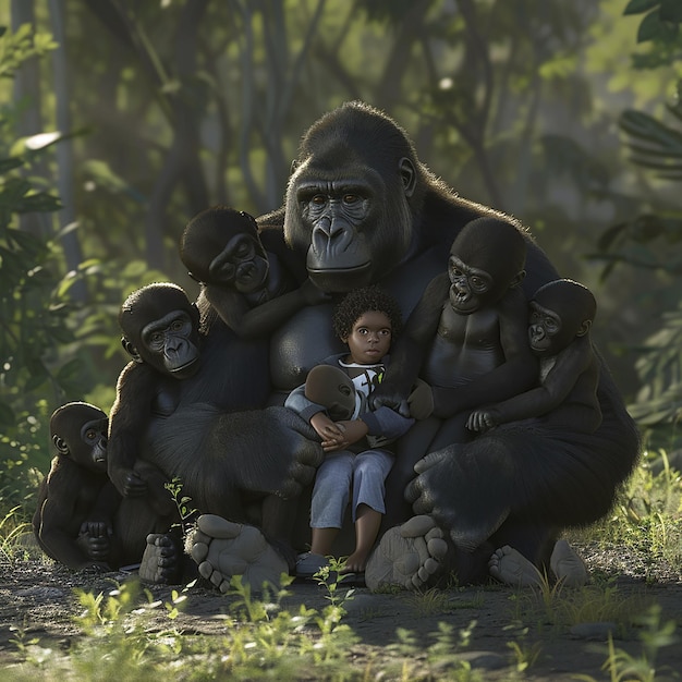 Photo a gorilla with a baby sitting next to a baby