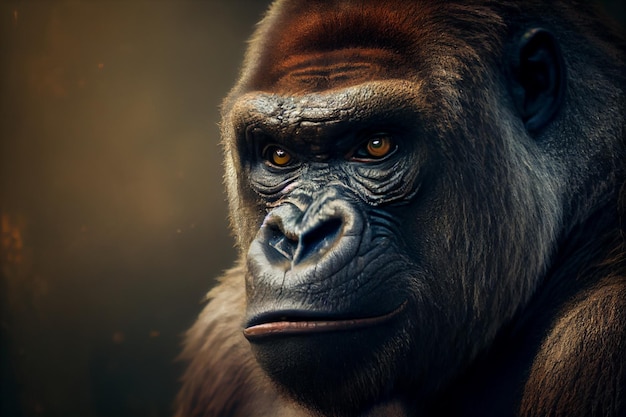 A gorilla with a black background and a blurry background