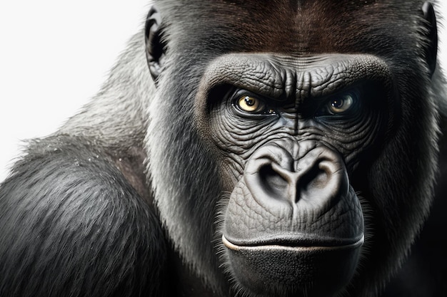 A gorilla with a black face and a white background.